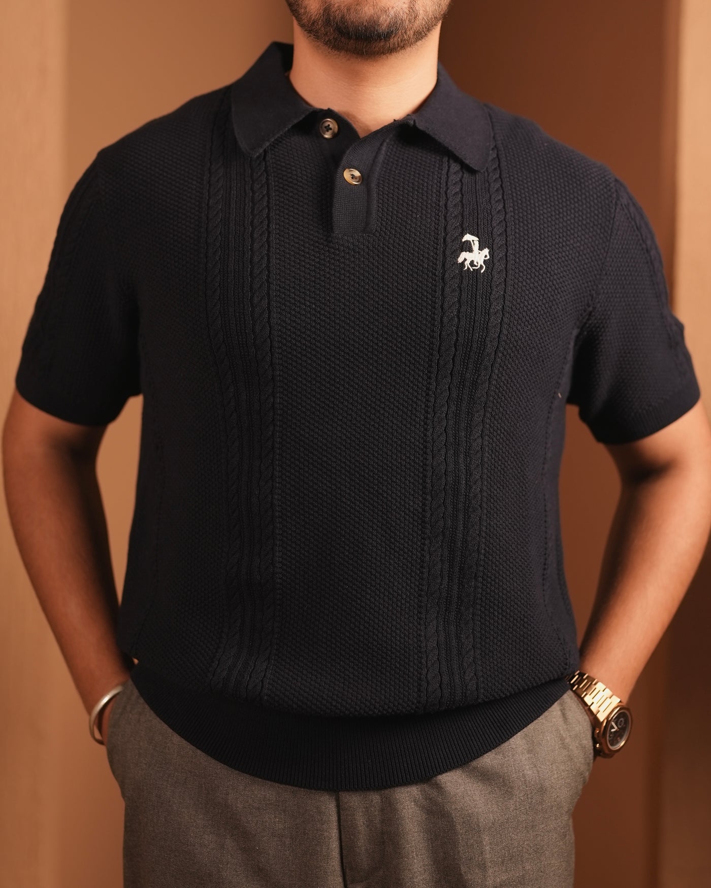 70’s Cable KNITTED POLO - Navy