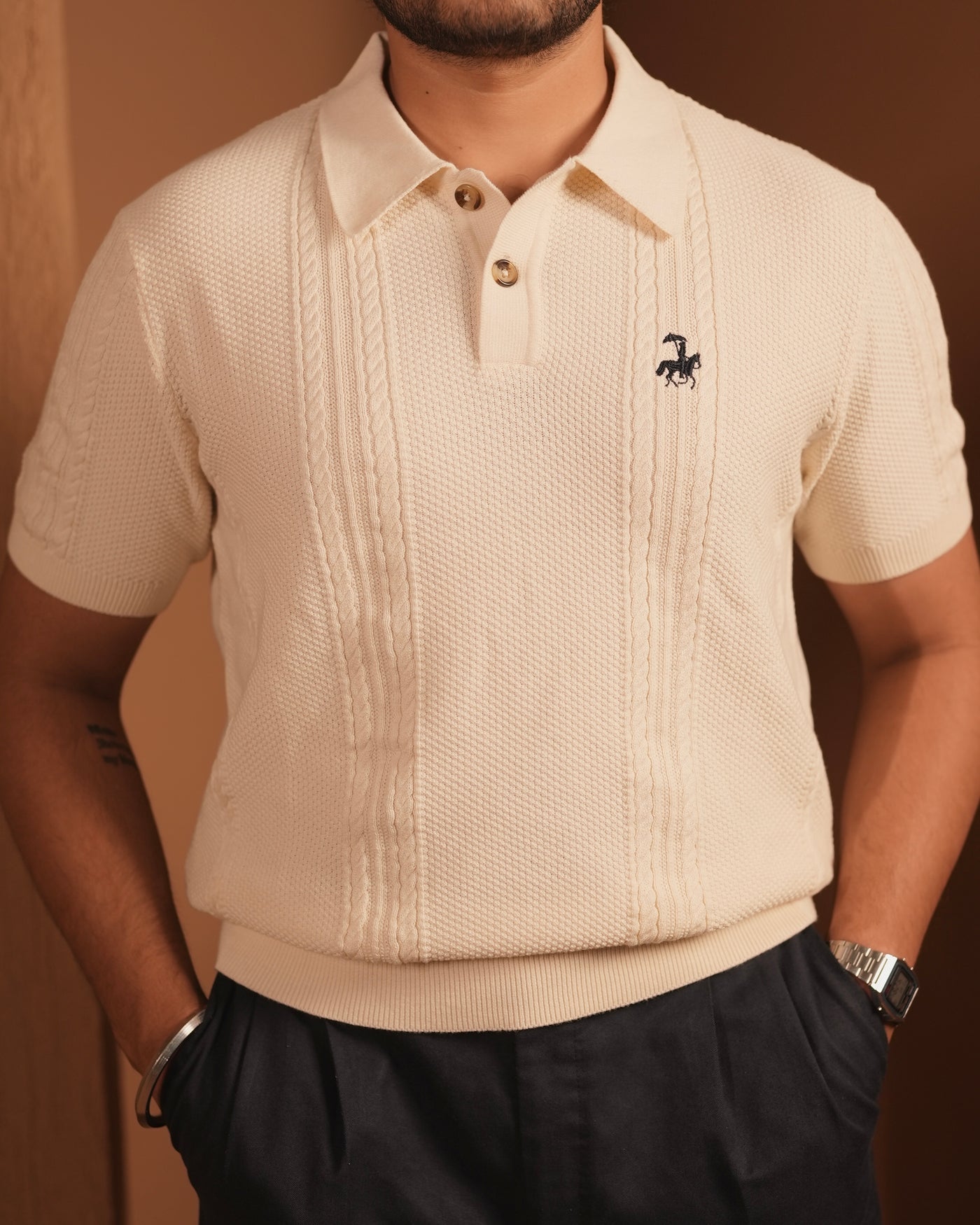 70’s Cable KNITTED POLO - Off White