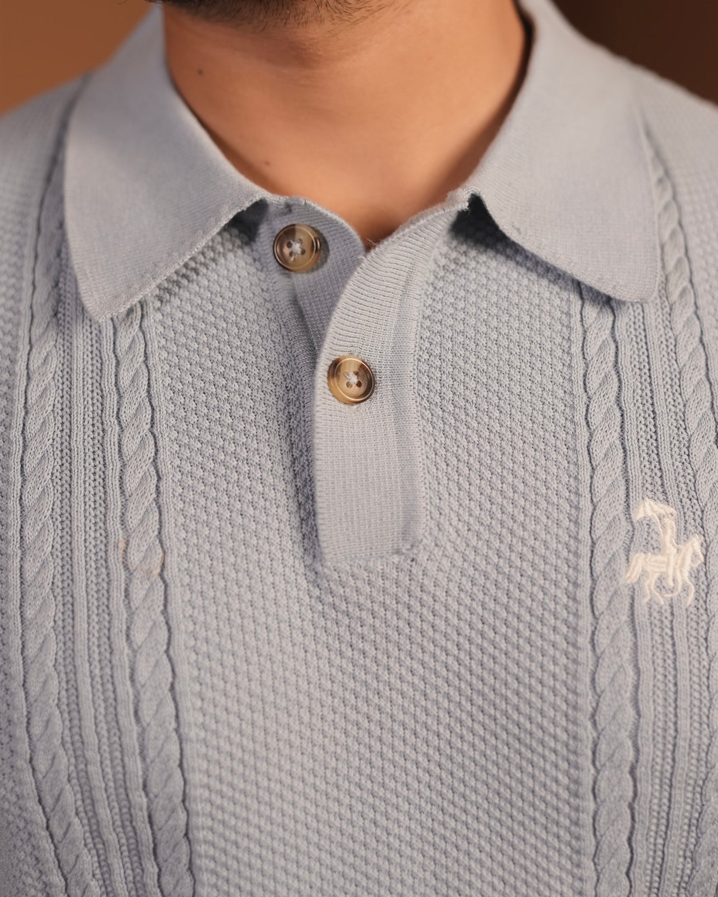 70’s Cable KNITTED POLO - Sky Blue