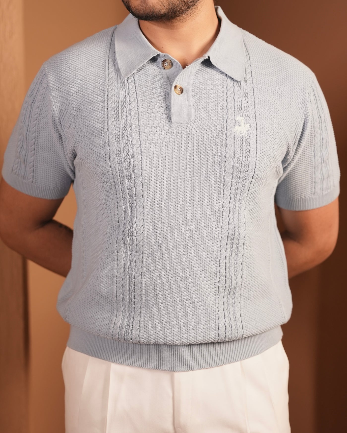 70’s Cable KNITTED POLO - Sky Blue