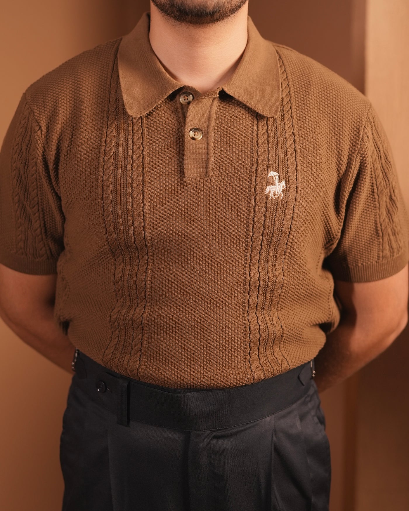 70’s Cable KNITTED POLO - Brown